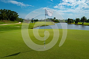 Professional golf course. Green field with trees, grass and lake.