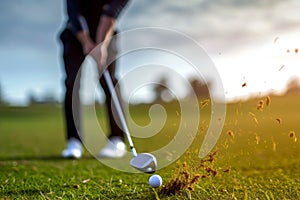 Professional golfer engages in golf swing with club on summer day. Player makes contact with ball mastering vital