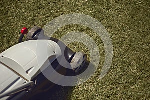 Professional grass-cutter mowing green lawn on backyard. Gardening care equipment. Sunny day, close up