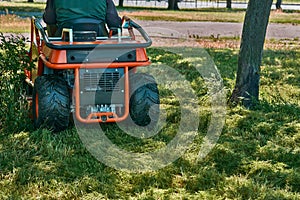 Professional grass cutting on lawns with a mini tractor lawn mower