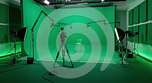Professional Green Screen Studio Setup with Camera, Microphones, and Lighting