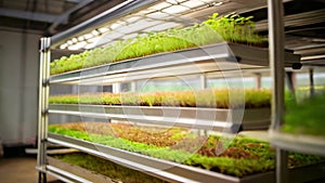 Professional greenhouse with many shelves for growing microgreens with lighting. Stacked growth trays with young plants