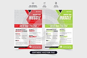 Professional gym training service promotional flyer vector with green and red colors. Fitness and bodybuilding center