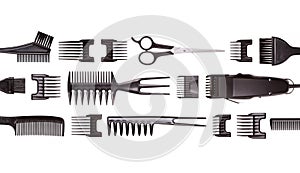 Professional hair clipper with set of nozzles of different sizes isolated on white background