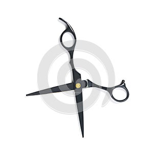 professional hairdresser black scissors isolated on white. Black barber scissors, close up.