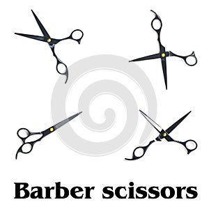 professional hairdresser black scissors isolated on white. Black barber scissors, close up.