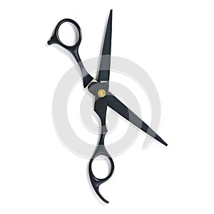 professional hairdresser black scissors isolated on white. Black barber scissors, close up.