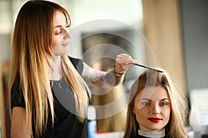 Professional Hairdresser Combing Girl Client Hair