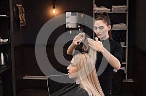 Professional hairdresser cutting woman`s hair in salon, space for text