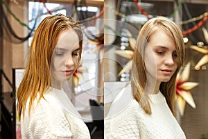 Professional hairdresser dyeing hair of her client in salon. Color hair before and after procedure. Selective focus.