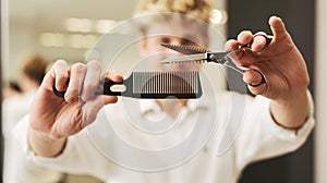 Professional Hairdresser Holding Scissors And Comb In Salon, Closeup