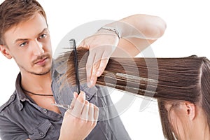 Professional hairdresser with long hair model photo