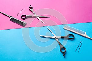 Professional hairdresser\'s tools on color background