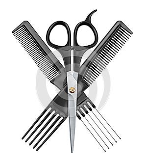 Professional hairdresser scissors and two combs