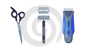 Professional hairdresser tools and barber supplies set. Hair clipper, safe shaver tool and scissors cartoon vector
