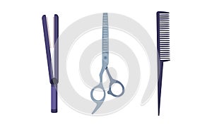 Professional hairdresser tools and barber supplies set. Hair straightener comb and scissors cartoon vector illustration