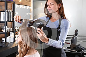 Professional hairdresser working with client in beauty salon