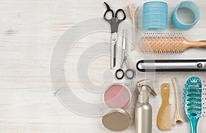 Professional hairdressing tools and accessories with left side copy space