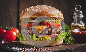 Professional hamburger or cheeseburger in rustic restaurant food photography