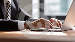 The Professional Hands Typing on a Laptop in a Modern Office Setting AI generated image