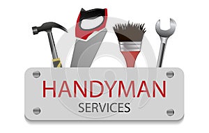 Professional handyman services logo. Hammer, brush, spanner and