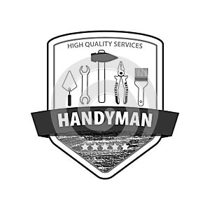 Professional handyman services logo. Set of repair tools.  Logo Handyman with wooden texture. Stock vector