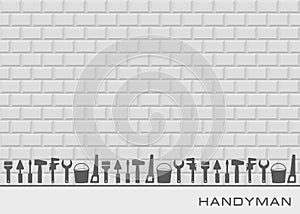 Professional handyman services. Vector banner template with tools collection and text space on gray.  Set of repair tools on brick