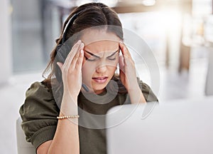 Professional, headache or woman with headset in office for job, service agent or telemarketing. Career, female person or