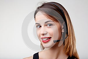 Professional headset woman, courteous assistant, six languages photo