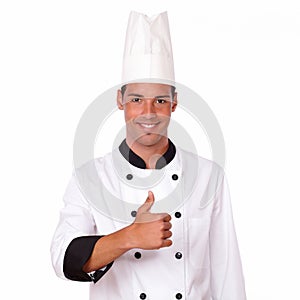 Professional hispanic male chef with ok thumb