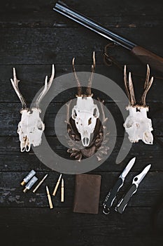 Professional hunters equipment for hunting. Rifle, knives, trophy sculps, ammunition, and others on a wooden black background. Tro