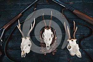 Professional hunters equipment for hunting. Rifle, knives, trophy sculps, ammunition, and others on a wooden black background. Tro