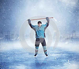 Professional ice hockey player hands up