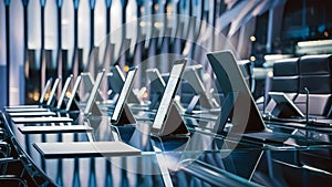 A professional shot of a conference room with ipads on a table.
