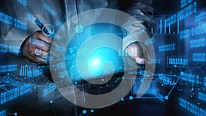 Professional individual using a digital tablet while interacting with futuristic data visualizations and graphs in a