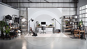 Professional Indoor Photography Studio: Organized Workstation with Camera Equipment