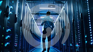 IT Professional Inspecting Servers in Data Center at Night