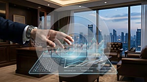 Man touching glowing holographic network interface representing cloud computing and secure connectivity.