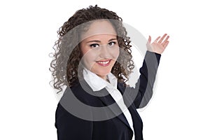 Professional isolated businesswoman presenting over white background.