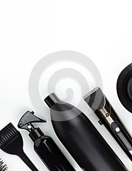 Professional items for a hairdressers, haircuts on a white background. Composition wi
