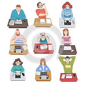 Professional Journalist at Desk Writing Article or Post on Laptop and Typewriter Vector Illustration Set