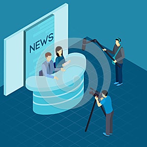 Professional Journalists At Studio Isometric Banner