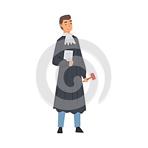 Professional Judge, Male Court Worker Character in Judicial Robe Standing with Hammer Vector Illustration on White