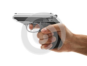 Professional killer with gun on white background