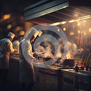 Professional kitchen with chefs cooking, restaurant kitchen with beautiful lights and delicious food, generative Ai