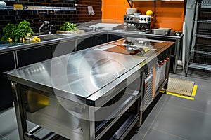 Professional kitchen with metal table photo