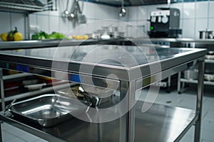Professional kitchen with metal table photo