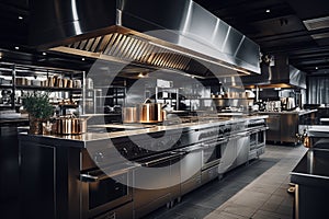 The professional kitchen of the restaurant is well equipped with stainless steel appliances, cooking utensils and food ingredients