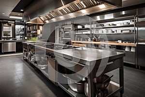 professional kitchen with sleek design, appliances and equipment to prepare meals for restaurant patrons
