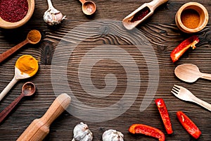 Professional kitchen with spices for cook on wooden background top view mockup